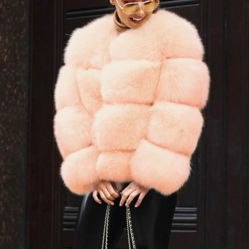 Women's Faux Fur Short Coat with Fox Fur Detail