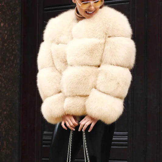 Women's Faux Fur Short Coat with Fox Fur Detail
