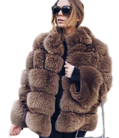 Women's Faux Fur Short Coat with Fox Fur Detail