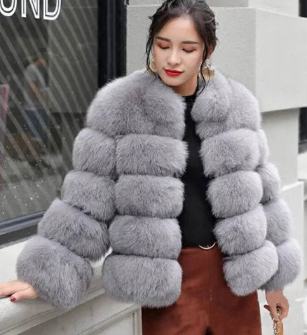 Women's Faux Fur Short Coat with Fox Fur Detail