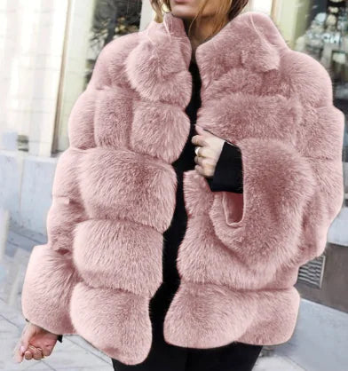 Women's Faux Fur Short Coat with Fox Fur Detail