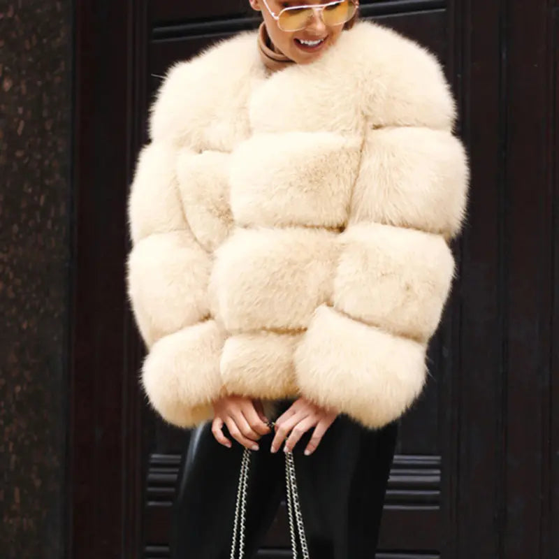 Women's Faux Fur Short Coat with Fox Fur Detail